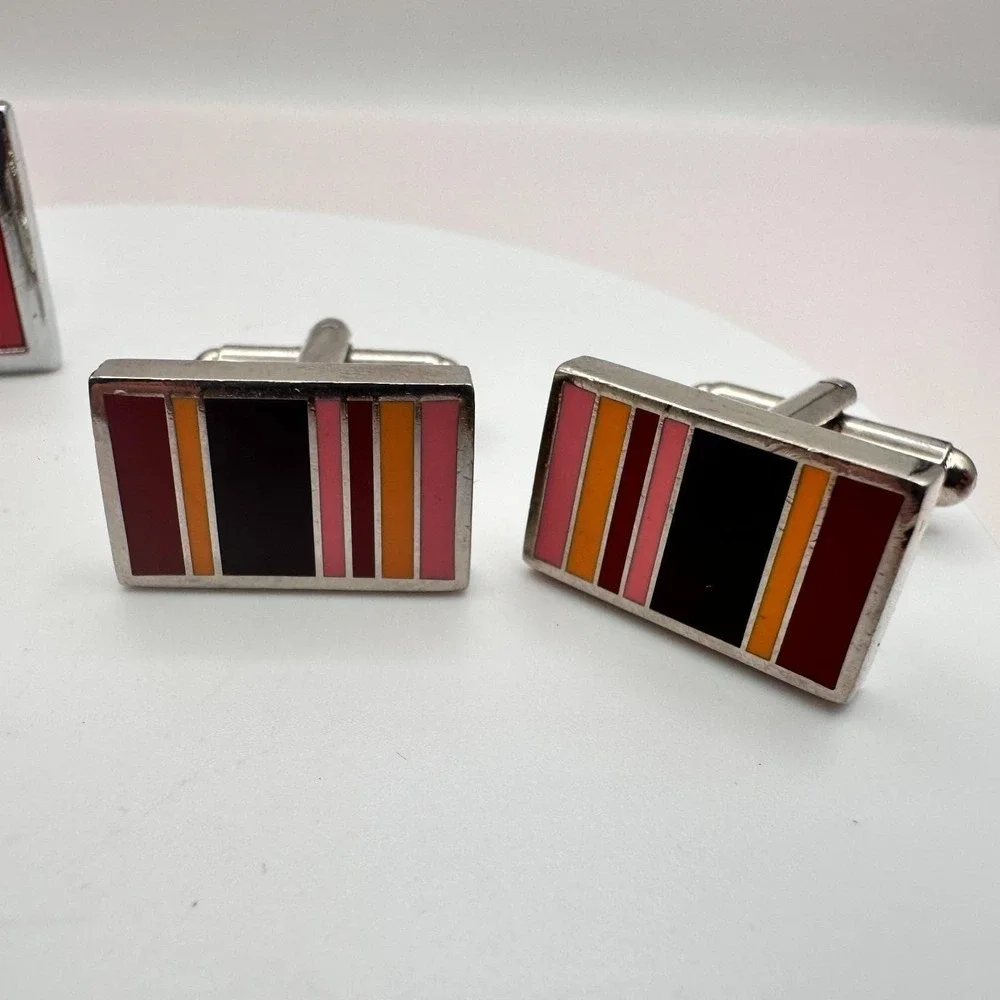 Vintage 80s Paul Smith Style Multi Stripe & Red Enamel Cufflinks Set Lot Jewelry